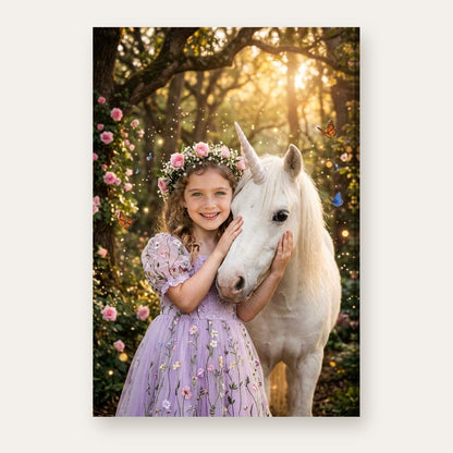 Another example: a different child as a princess hugging a white unicorn in an enchanted forest