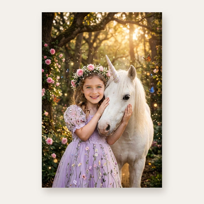 Another example: a different child as a princess hugging a white unicorn in an enchanted forest