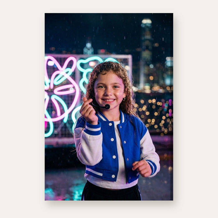Another example: a different child as a dance-pop idol on a neon-lit rooftop