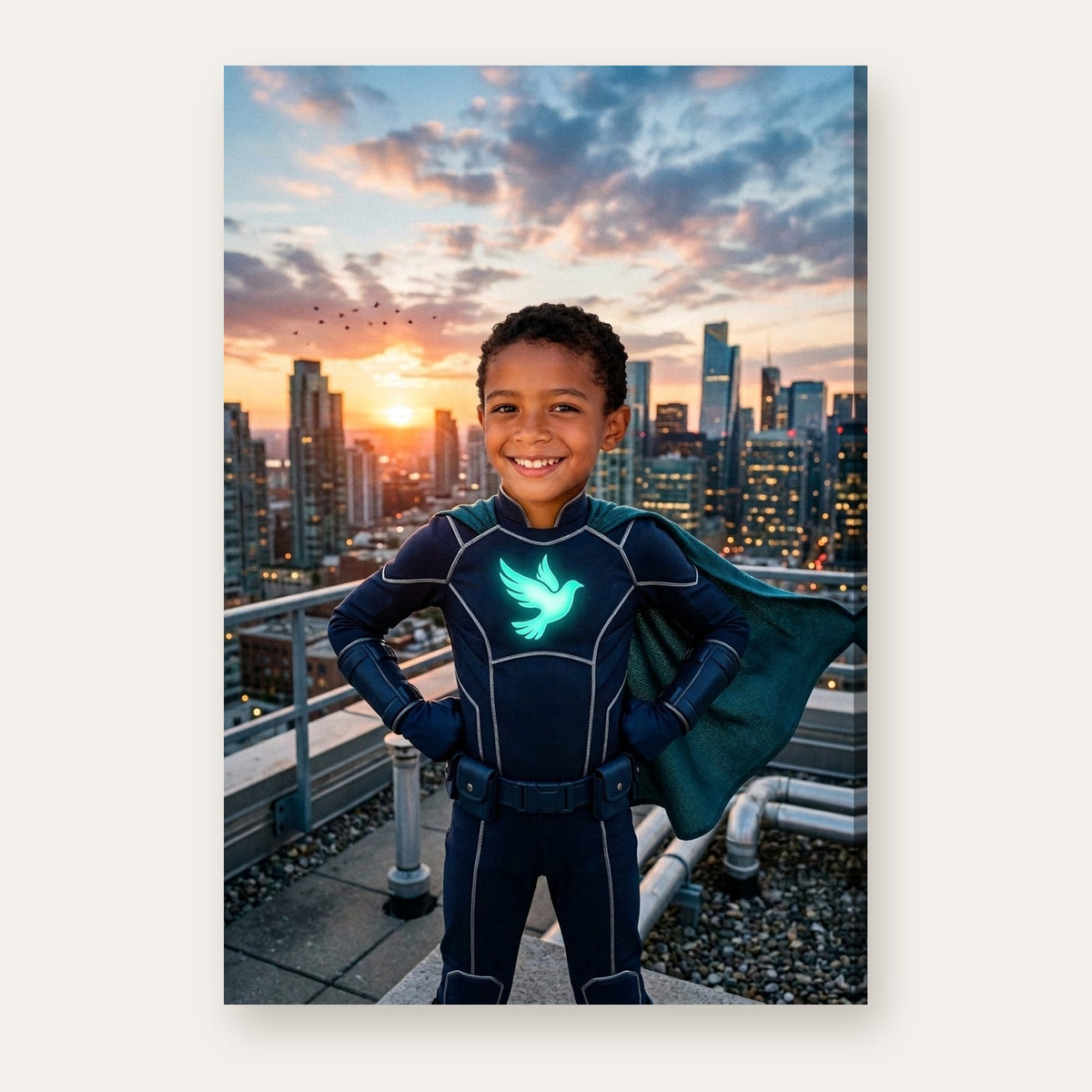Another example: a different child as a superhero on a city rooftop at sunset