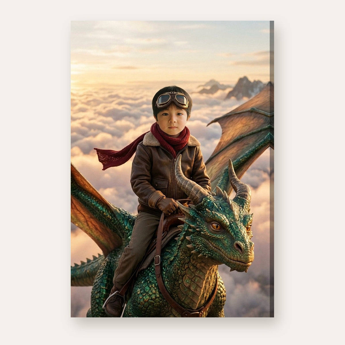 Another example: a different child as a dragon rider above sunrise clouds