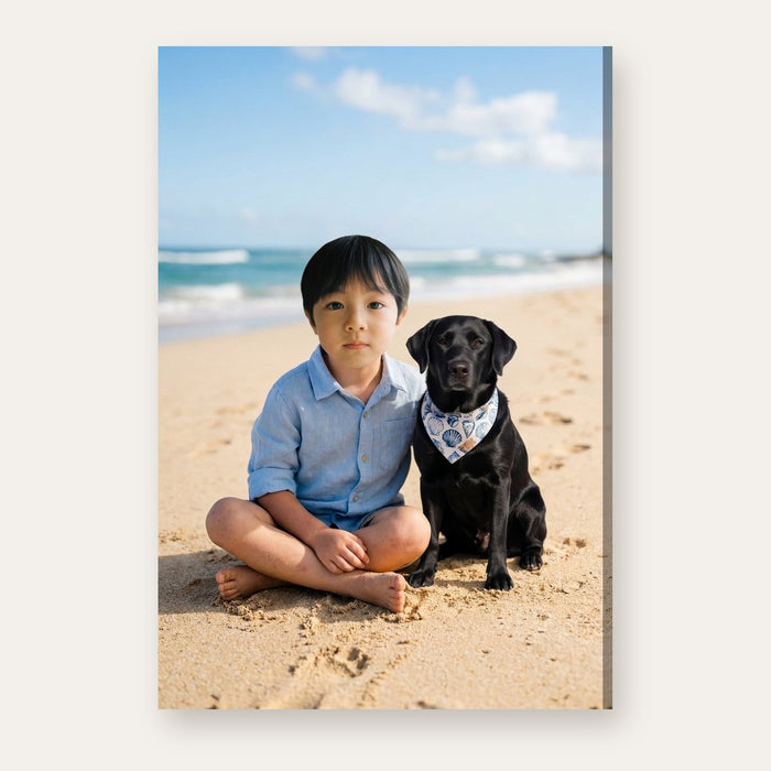 Another example of the Beach Day Buddies portrait, sitting together on a sunny beach