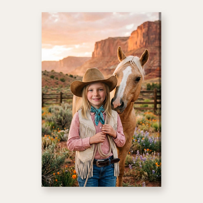 Another example: a different child as a cowgirl with a palomino horse at sunset