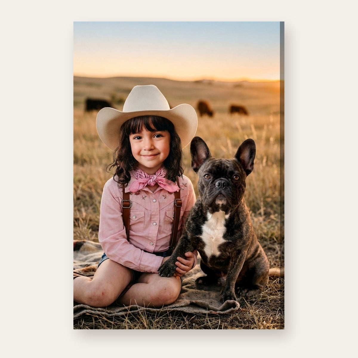 Another example of the Prairie Cowgirl & Pup portrait, as a cowgirl in a pink western shirt and cream hat