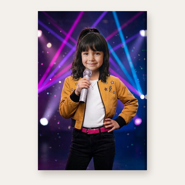 Another example of the K-Pop Stage Queen portrait, as a K-pop stage star in a mustard bomber jacket
