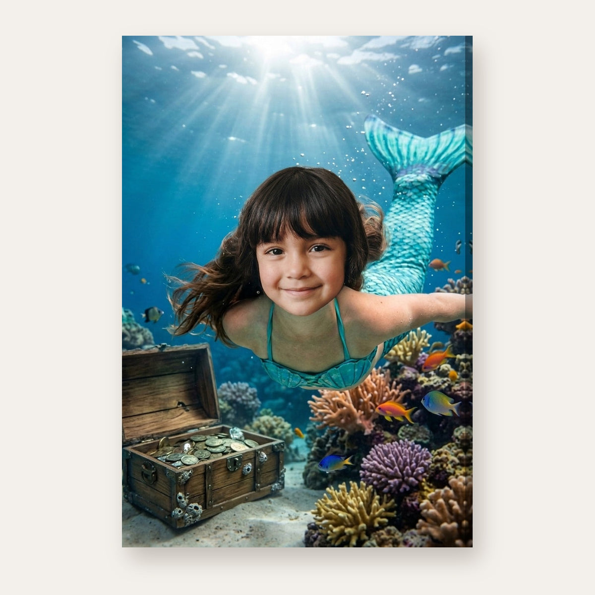 Another example of the Coral Reef Mermaid portrait, as a mermaid with a shimmering teal tail