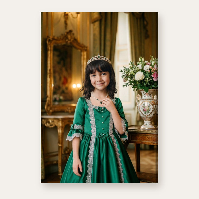 Another example of the Emerald Queen portrait, as a young queen in an emerald satin gown and pearl tiara
