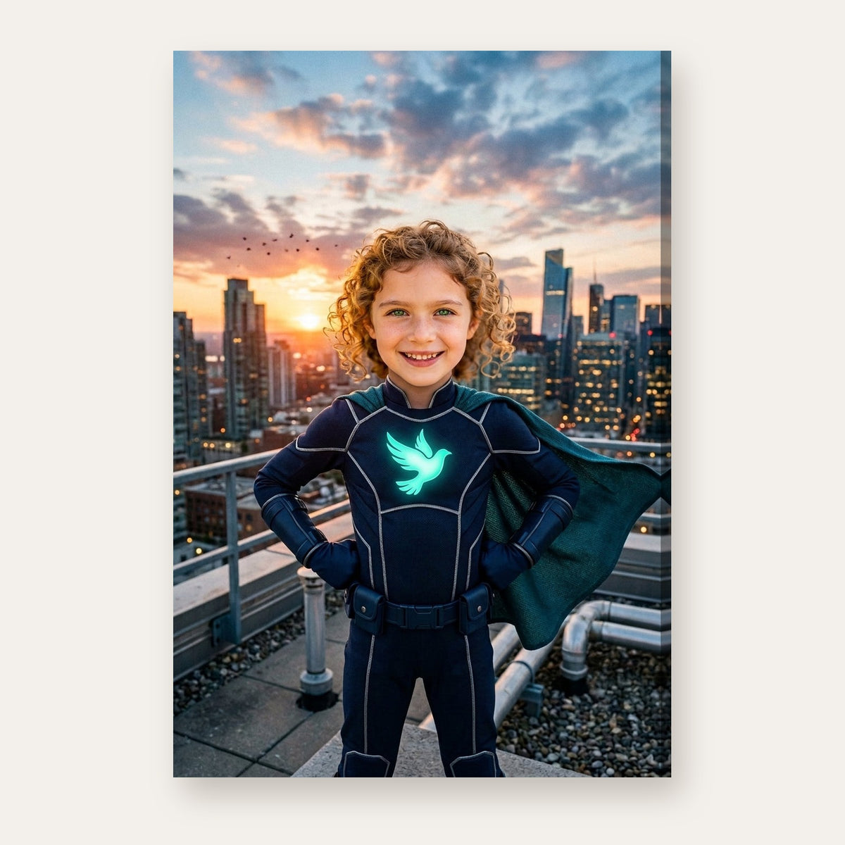 Another example: a different child as a superhero on a city rooftop at sunset