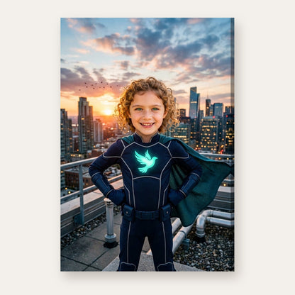 Another example: a different child as a superhero on a city rooftop at sunset