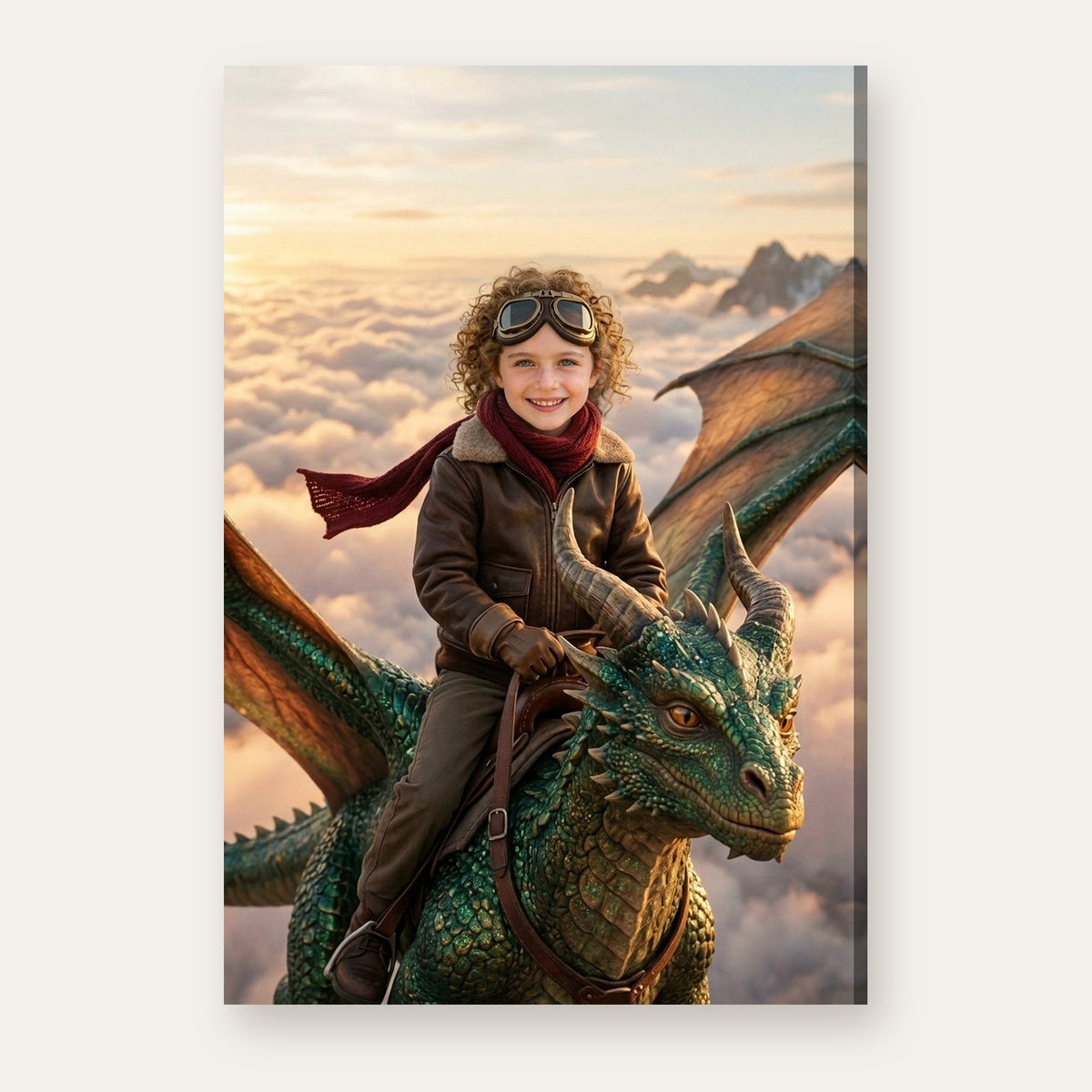 Another example: a different child as a dragon rider above sunrise clouds