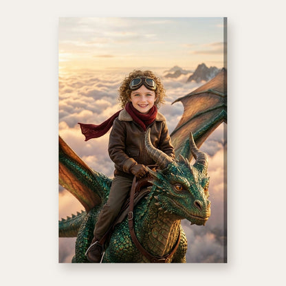 Another example: a different child as a dragon rider above sunrise clouds