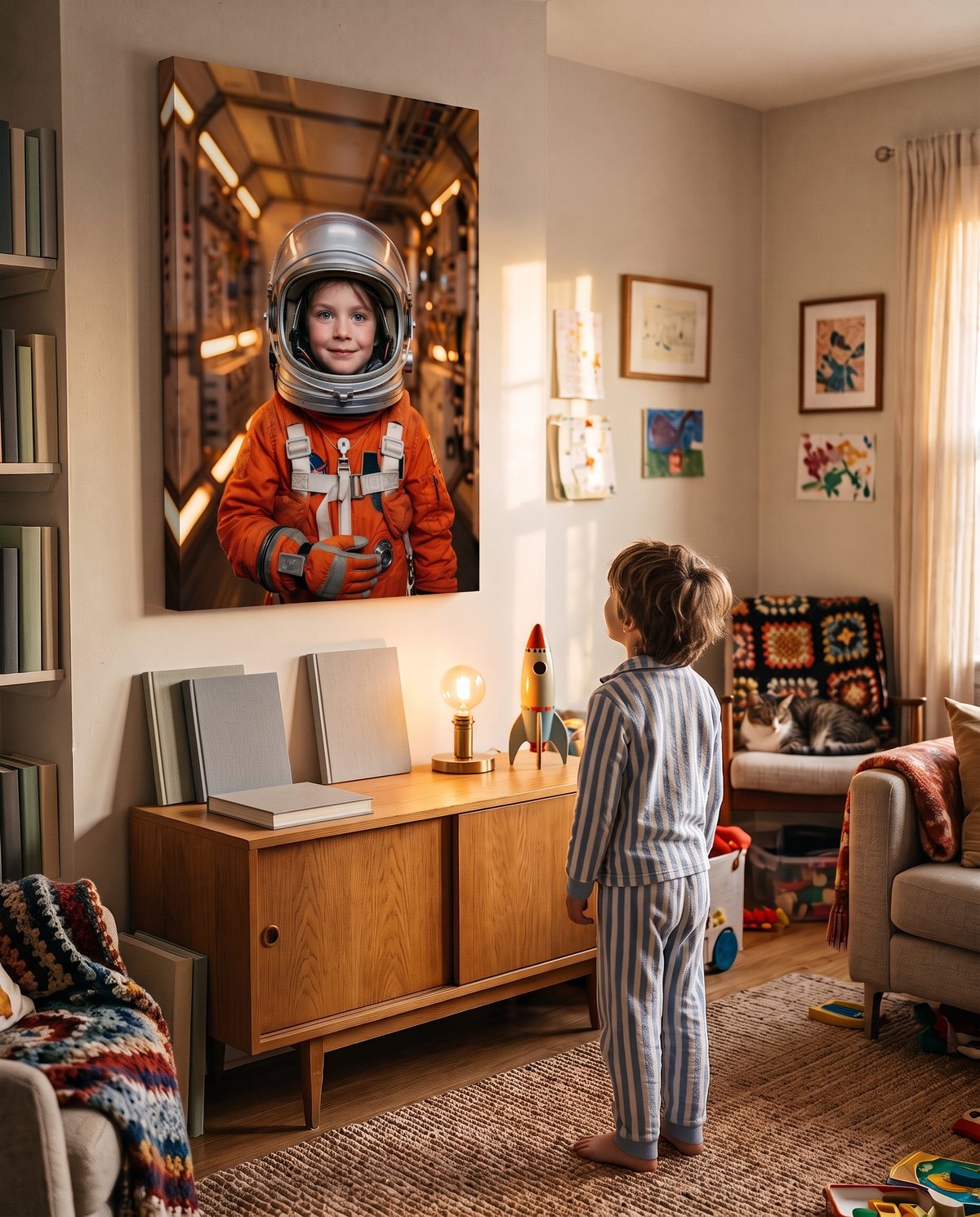 Custom canvas portrait of a boy as an astronaut hanging in a living room, a child in pajamas looking up at it