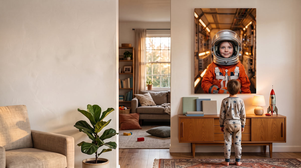 Custom canvas portrait of a boy as an astronaut hanging in a living room, a child in pajamas looking up at it