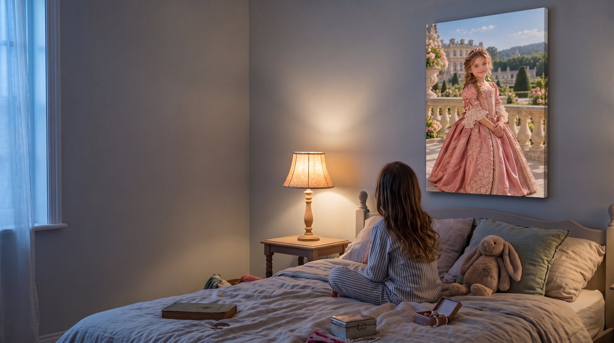 A girl in pajamas sitting on her bed at dusk, looking up at a canvas of herself in a pink royal gown