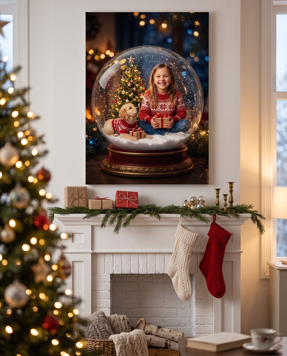 Snow globe Christmas portrait canvas of a girl and her puppy above a fireplace with stockings