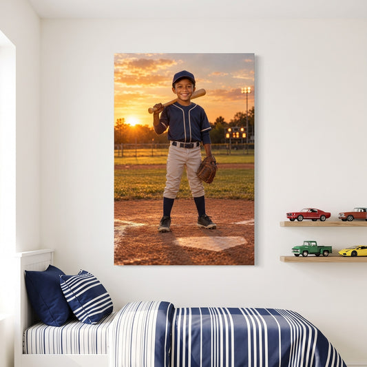 Baseball Champion canvas portrait hanging on a wall at home
