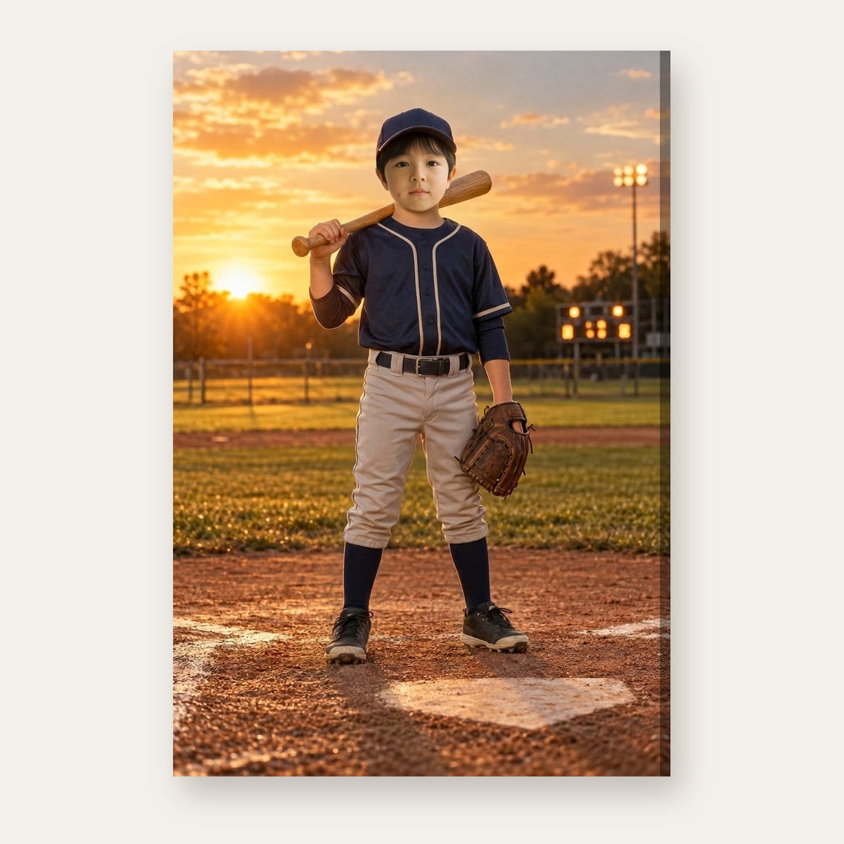 Another example of the Baseball Champion portrait, as a baseball champion with a bat and glove at a golden-hour ballpark