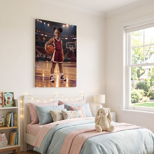 Basketball Rising Star canvas portrait hanging on a wall at home