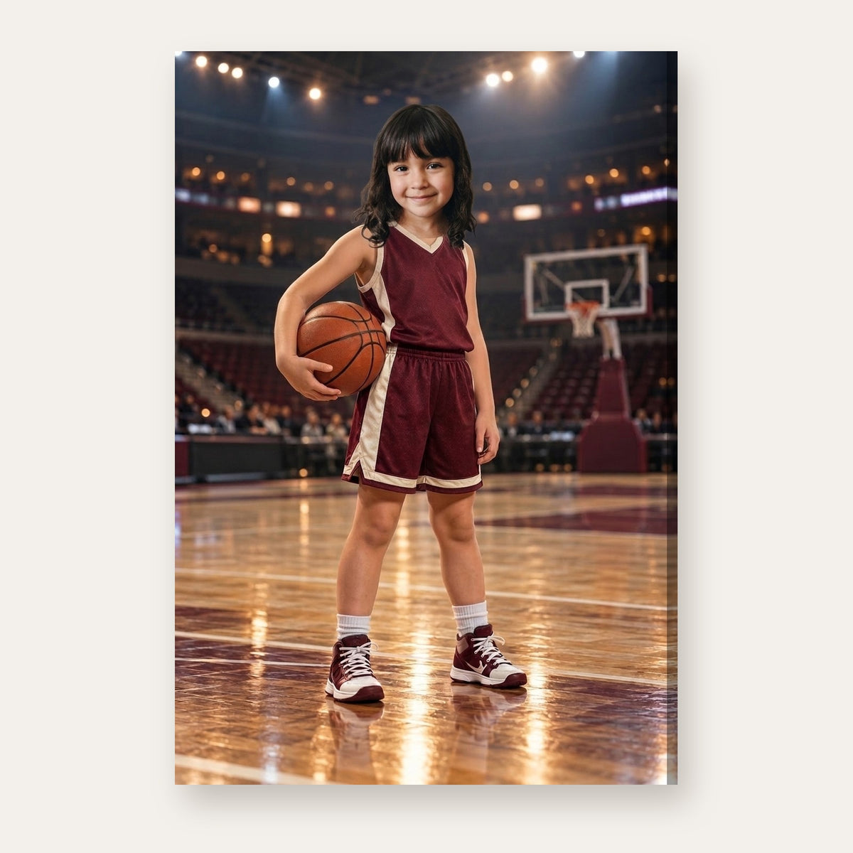 Another example of the Basketball Rising Star portrait, as a rising basketball star in a burgundy-and-cream uniform on a glowing indoor court