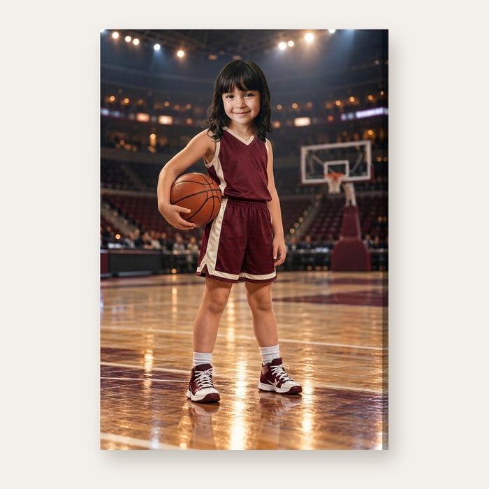 Another example of the Basketball Rising Star portrait, as a rising basketball star in a burgundy-and-cream uniform on a glowing indoor court