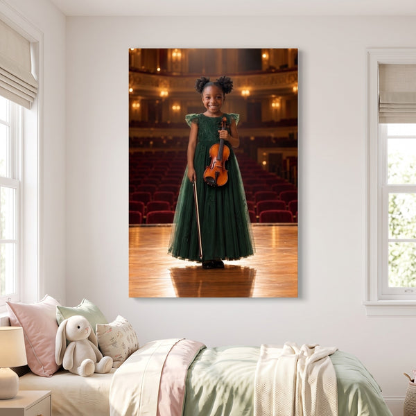 Classical Violinist canvas portrait hanging on a wall at home