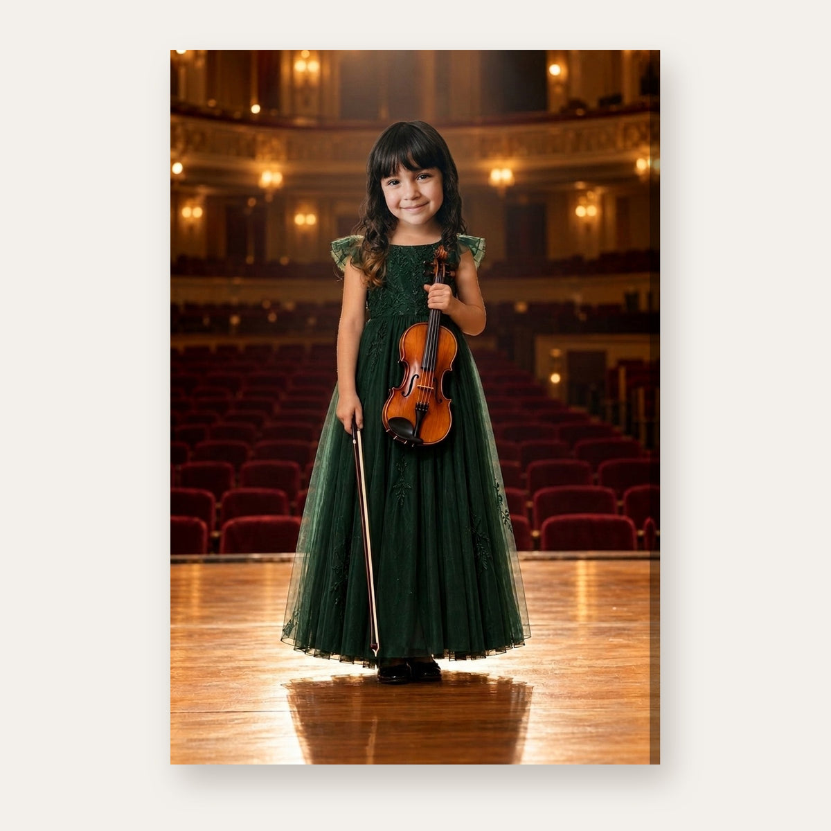 Another example of the Classical Violinist portrait, as a classical violinist in an elegant concert dress on a warmly lit recital stage