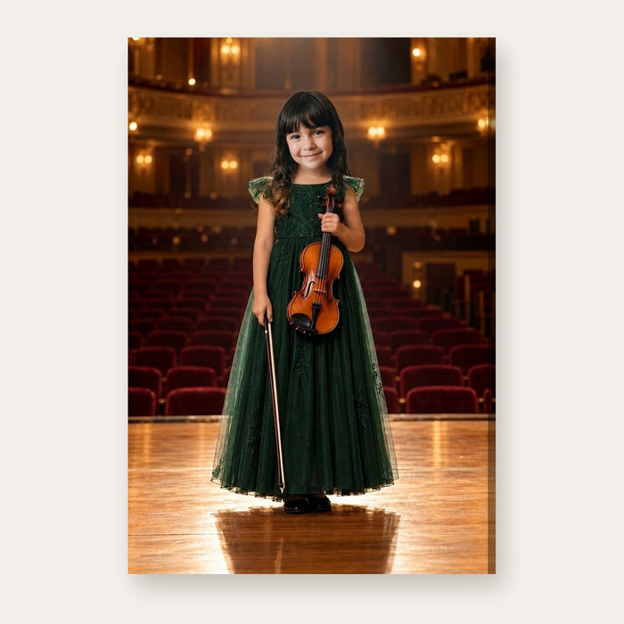Another example of the Classical Violinist portrait, as a classical violinist in an elegant concert dress on a warmly lit recital stage
