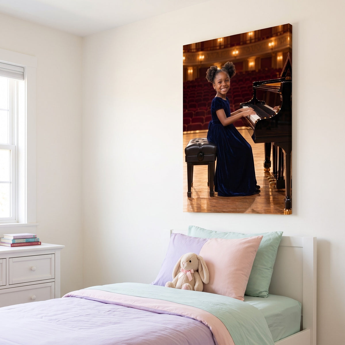 Concert Pianist canvas portrait hanging on a wall at home