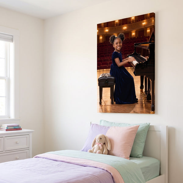 Concert Pianist canvas portrait hanging on a wall at home