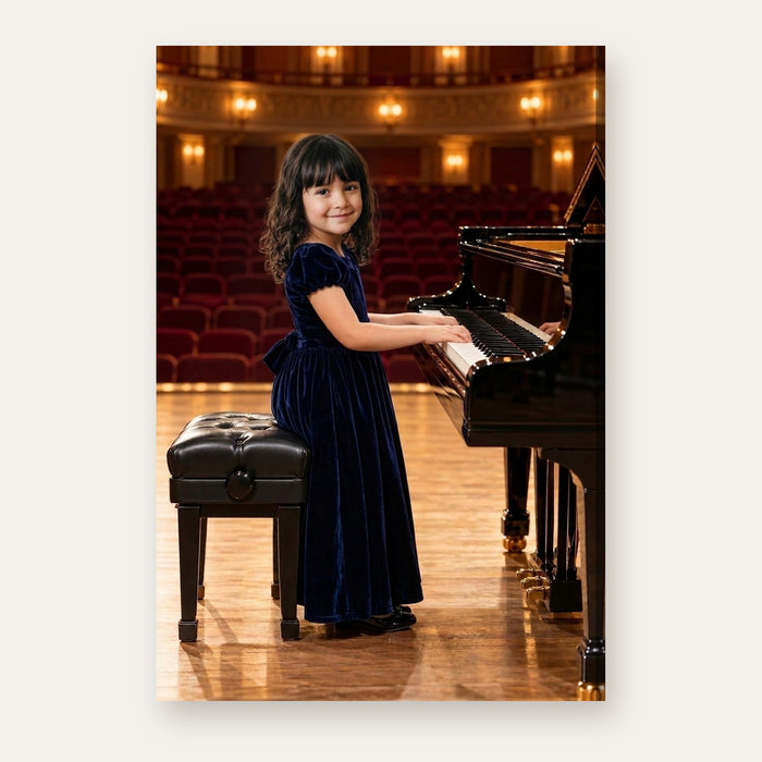 Another example of the Concert Pianist portrait, as a concert pianist in a midnight-blue dress at a grand piano on a warm recital stage