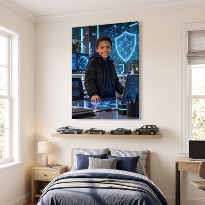 Cyber Guardian canvas portrait hanging on a wall at home