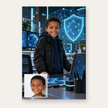 From a child's photo to the finished Cyber Guardian portrait