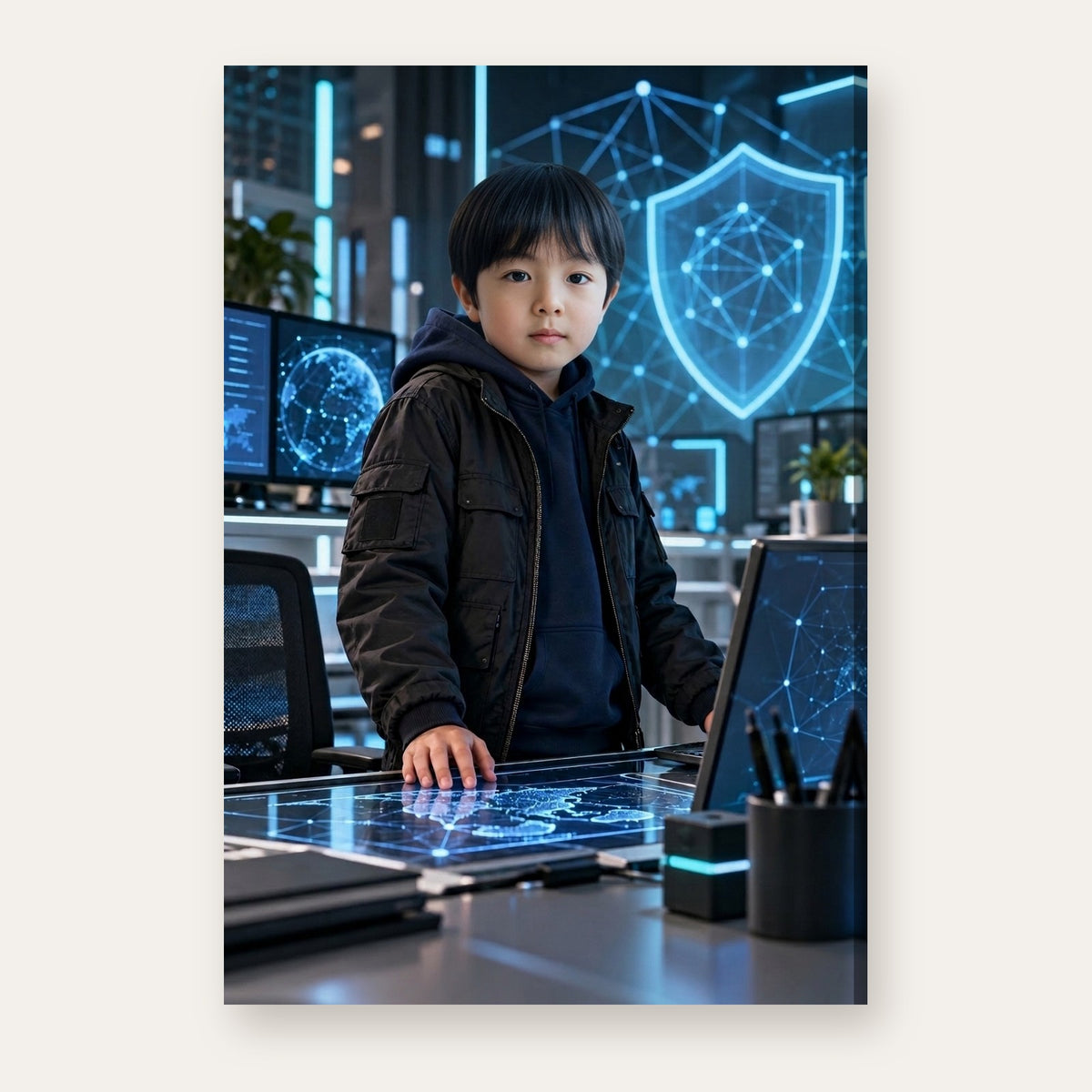 Another example of the Cyber Guardian portrait, as a clever cyber guardian in a futuristic digital security lab