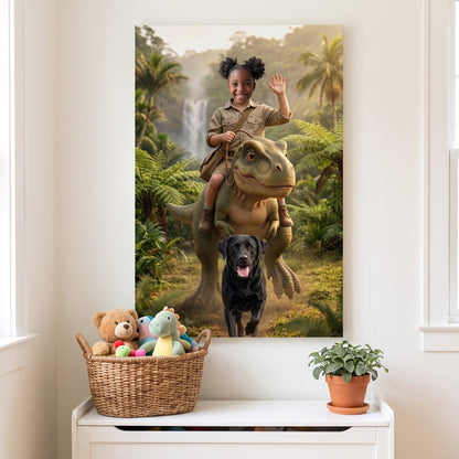 Canvas portrait of a girl riding a baby T-rex with her black Labrador running alongside, hanging in a playroom