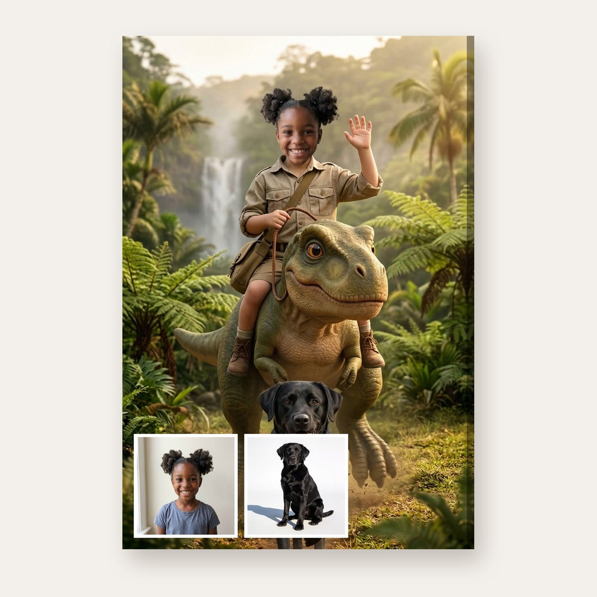 From a child's photo and a dog's photo to a portrait of the child riding a baby T-rex with the dog running alongside