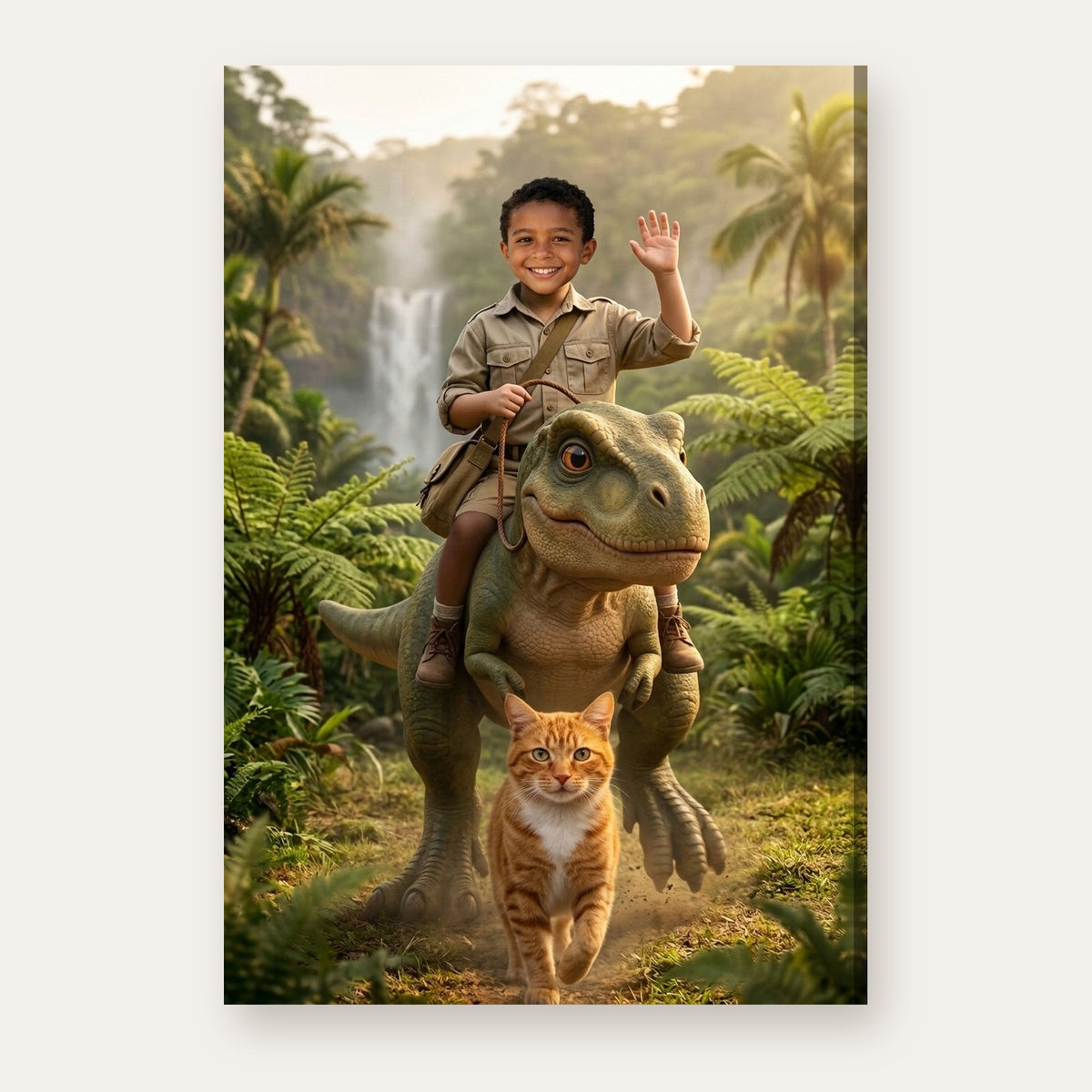 Another example: a boy riding a baby T-rex with his ginger cat running alongside