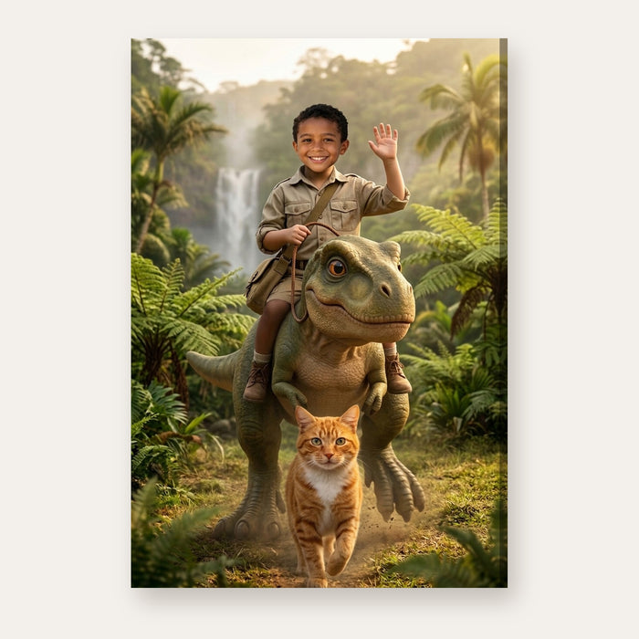 Another example: a boy riding a baby T-rex with his ginger cat running alongside