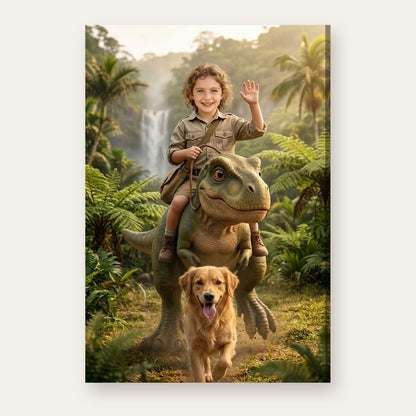 Another example: a girl riding a baby T-rex with her golden retriever running alongside