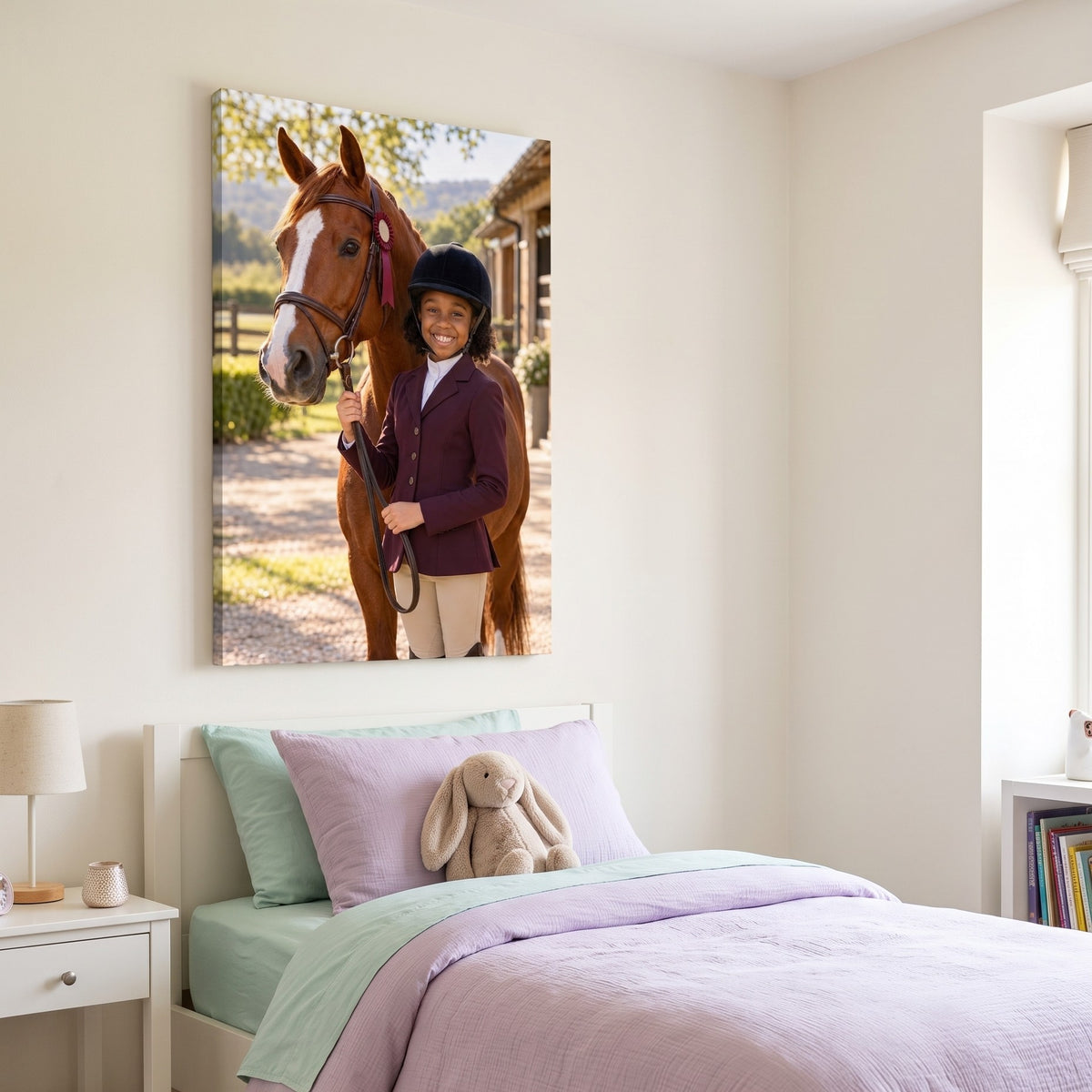 Equestrian Champion canvas portrait hanging on a wall at home