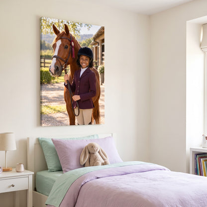 Equestrian Champion canvas portrait hanging on a wall at home