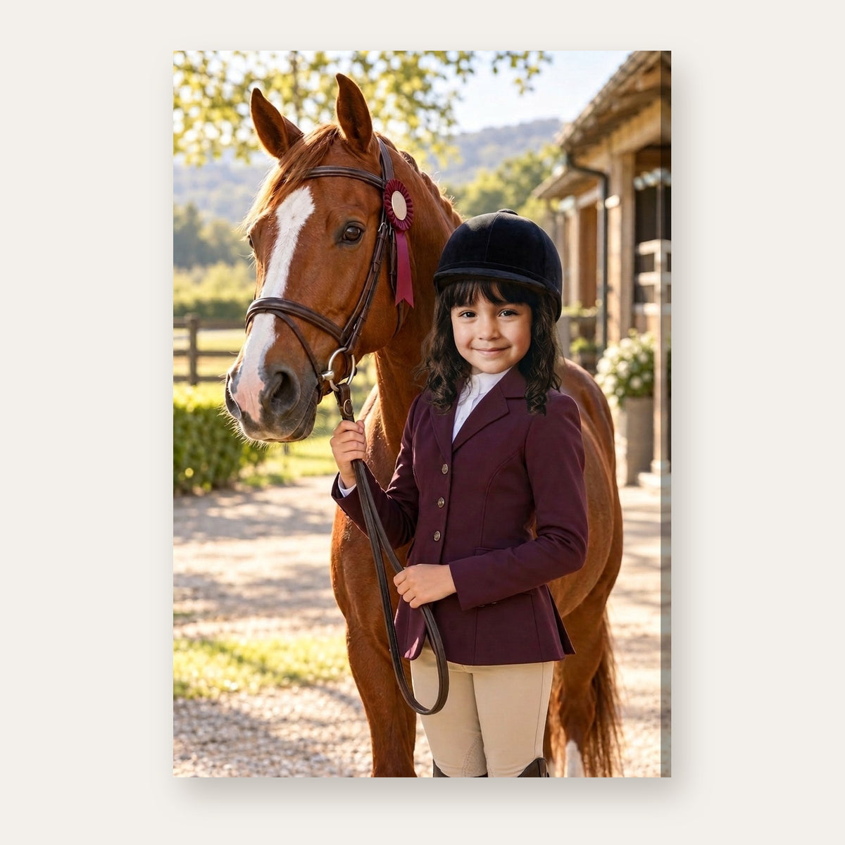 Another example of the Equestrian Champion portrait, as an equestrian champion beside a chestnut horse at a sunlit country stable