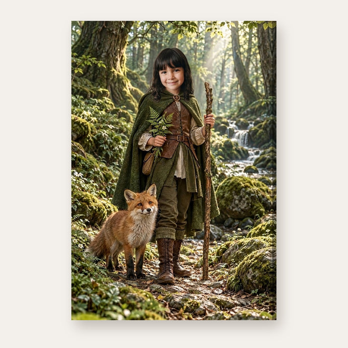 Another example of the Forest Ranger portrait, as a kind forest ranger with a friendly fox in a luminous ancient woodland