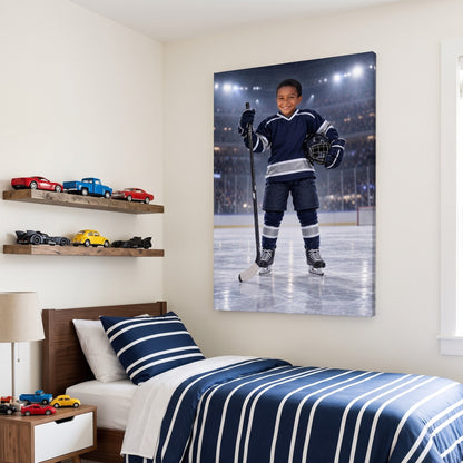 Ice Hockey Star canvas portrait hanging on a wall at home