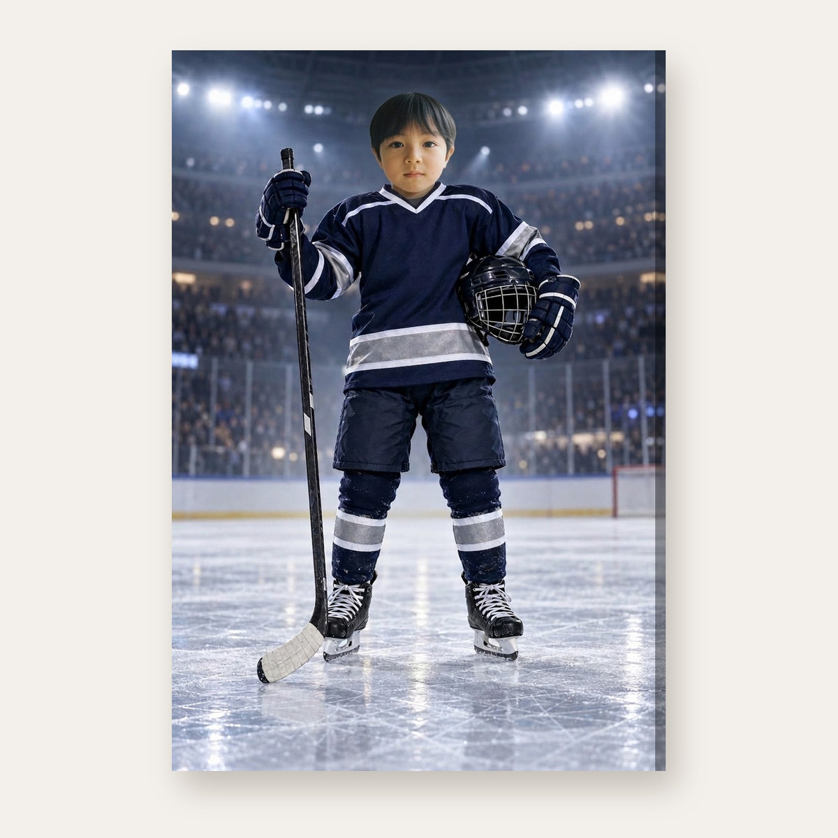 Another example of the Ice Hockey Star portrait, as an ice hockey star in a midnight-blue uniform on a frosty arena rink