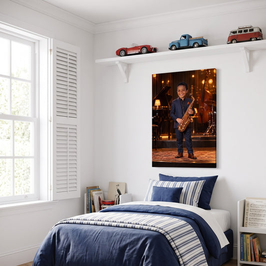Jazz Saxophonist canvas portrait hanging on a wall at home