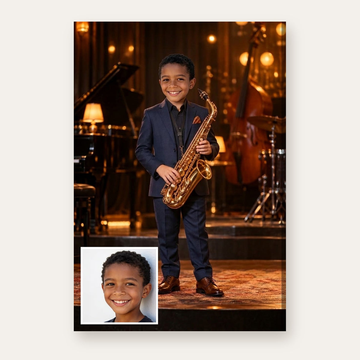 From a child's photo to the finished Jazz Saxophonist portrait