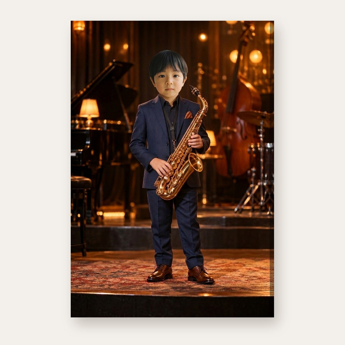 Another example of the Jazz Saxophonist portrait, as a jazz saxophonist in a midnight-blue suit on a warm vintage-inspired stage