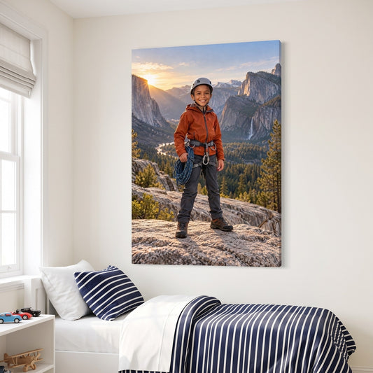 Junior Rock Climber canvas portrait hanging on a wall at home