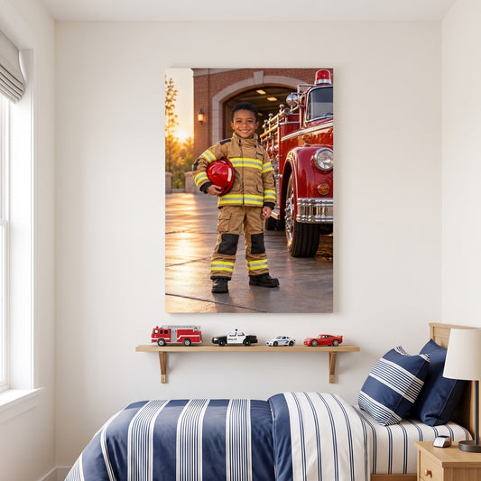 Junior Firefighter canvas portrait hanging on a wall at home