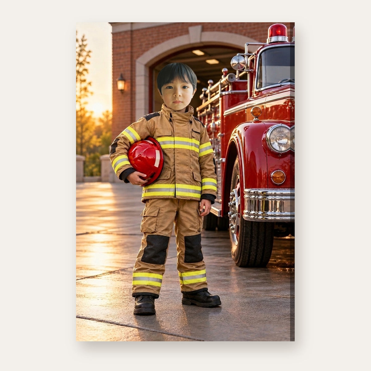 Another example of the Junior Firefighter portrait, as a brave junior firefighter beside a polished red fire engine at sunrise
